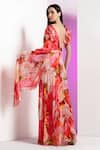 Mandira Wirk_Red Chiffon Printed Peony Corsage Deep V Neck High Slit Dress_Online_at_Aza_Fashions
