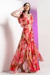 Shop_Mandira Wirk_Red Chiffon Printed Peony Corsage Deep V Neck High Slit Dress_at_Aza_Fashions