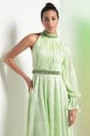 Shop_Mandira Wirk_Green Shimmer Lycra Textured And Embroidered Pleated Metallic Asymmetric Dress_at_Aza_Fashions