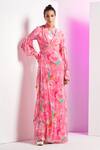 Buy_Mandira Wirk_Pink Crepe Printed Botanical High Neck Draped Dress_at_Aza_Fashions