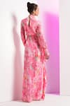 Mandira Wirk_Pink Crepe Printed Botanical High Neck Draped Dress_Online_at_Aza_Fashions