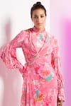 Shop_Mandira Wirk_Pink Crepe Printed Botanical High Neck Draped Dress_at_Aza_Fashions