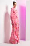 Buy_Mandira Wirk_Pink Crepe Printed Botanical High Neck Draped Dress_Online_at_Aza_Fashions