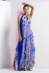 Buy_Mandira Wirk_Blue Chiffon Printed Pansy Daisy Halter Keyhole Neck Asymmetric Dress _at_Aza_Fashions