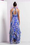 Shop_Mandira Wirk_Blue Chiffon Printed Pansy Daisy Halter Keyhole Neck Asymmetric Dress _at_Aza_Fashions