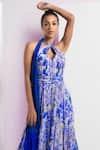 Mandira Wirk_Blue Chiffon Printed Pansy Daisy Halter Keyhole Neck Asymmetric Dress _Online_at_Aza_Fashions