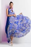 Shop_Mandira Wirk_Blue Chiffon Printed Pansy Daisy Halter Keyhole Neck Asymmetric Dress _Online_at_Aza_Fashions