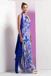 Mandira Wirk_Blue Chiffon Printed Pansy Daisy Halter Keyhole Neck Asymmetric Dress _at_Aza_Fashions