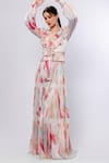 Buy_Mandira Wirk_Ivory Chiffon Printed Floaty Coral And Foil Deep V Neck & Dress_Online_at_Aza_Fashions