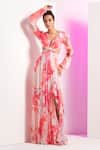 Buy_Mandira Wirk_Pink Chiffon Printed Blooming Buds V Neck Cut Out Tiered Dress_at_Aza_Fashions