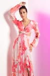 Shop_Mandira Wirk_Pink Chiffon Printed Blooming Buds V Neck Cut Out Tiered Dress_at_Aza_Fashions