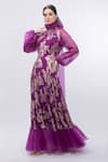 Buy_Mandira Wirk_Purple Brasso Embossed Floral High Neck Raglan Sleeve Gown _Online_at_Aza_Fashions