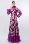 Buy_Mandira Wirk_Purple Brasso Embossed Floral High Neck Raglan Sleeve Gown _at_Aza_Fashions