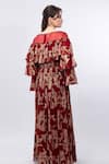 Buy_Mandira Wirk_Red Brasso Embossed Floral Round Ruffle Shoulder Detail Dress_Online_at_Aza_Fashions