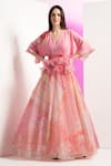 Buy_Mandira Wirk_Pink Organza Floral V Neck Pattern Peplum Long Gown_at_Aza_Fashions