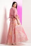 Shop_Mandira Wirk_Pink Organza Floral V Neck Pattern Peplum Long Gown_at_Aza_Fashions