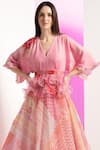 Mandira Wirk_Pink Organza Floral V Neck Pattern Peplum Long Gown_Online_at_Aza_Fashions