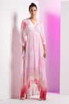 Shop_Mandira Wirk_Pink Chiffon Floral V Neck Ombre Fringes Dress _Online_at_Aza_Fashions