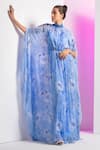 Shop_Mandira Wirk_Blue Chiffon Printed Floral High Neck Embroidered Asymmetrical Pleated Kaftan_at_Aza_Fashions