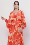 Shop_Mandira Wirk_Orange Crepe Printed Floral V Neck Blazing Kimono Sleeves Long Dress _at_Aza_Fashions