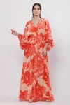 Buy_Mandira Wirk_Orange Crepe Printed Floral V Neck Blazing Kimono Sleeves Long Dress _at_Aza_Fashions