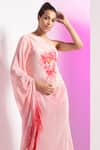 Shop_Mandira Wirk_Pink Crepe Printed Floral Asymmetric Flutter Kimono Sleeve Dress_at_Aza_Fashions