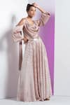 Buy_Mandira Wirk_Gold Satin And Metallic Lycra Cowl Neck Top & Pleated Skirt Set_at_Aza_Fashions
