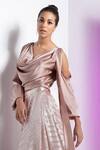 Shop_Mandira Wirk_Gold Satin And Metallic Lycra Cowl Neck Top & Pleated Skirt Set_at_Aza_Fashions