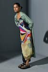 Shop_IKA_Multi Color Silk Print Abstract Overshirt Collared Neck Dress With  _at_Aza_Fashions