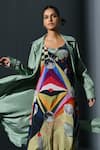 IKA_Multi Color Silk Print Abstract Overshirt Collared Neck Dress With  _Online_at_Aza_Fashions