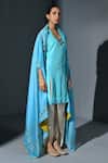 Shop_IKA_Blue Pure Silk Embroidery Nalki Kurta V Floral Cape And Dhoti Pant Set _at_Aza_Fashions