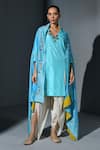 IKA_Blue Pure Silk Embroidery Nalki Kurta V Floral Cape And Dhoti Pant Set _Online_at_Aza_Fashions