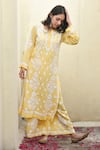 Shop_House of Chikankari_Yellow Modal Hand Embroidered Malak Kurta And Flared Pant Set  _Online_at_Aza_Fashions