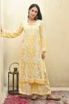 House of Chikankari_Yellow Modal Hand Embroidered Malak Kurta And Flared Pant Set  _at_Aza_Fashions