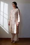 Buy_Dot_Ivory Chanderi Embroidery Round Neck Zuri Hand Kurta And Pant Set _Online_at_Aza_Fashions
