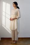 Shop_Dot_Ivory Cotton, Silk Beads, Embroidery Round Neck Resham Kurta And Pant Set _at_Aza_Fashions