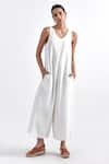 Buy_PERONA_White 100% Viscose Solid Round Neck Jumpsuit  _at_Aza_Fashions