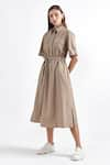 PERONA_Brown 65% Terylene Solid Collar Midi Dress  _Online_at_Aza_Fashions