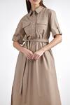 Shop_PERONA_Brown 65% Terylene Solid Collar Midi Dress  _Online_at_Aza_Fashions