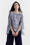 Perona_Blue Cotton, Silk Boat Neck Abstract Print Top _Online_at_Aza_Fashions
