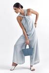 Buy_Perona_Blue Viscose, Linen Halter Neck Twisted Jumpsuit _at_Aza_Fashions