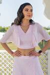 Shop_Kohsh_Pink Chinon Embroidery Mirror Work V Neck Crop Top With Skirt _Online_at_Aza_Fashions