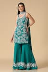 Two Sisters By Gyans_Green Georgette Pearls V-neck Floral Embroidered Kurta Sharara Set _Online_at_Aza_Fashions