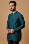 BUBBER COUTURE_Blue Cotton Silk Plain Tanish Pintucked Mandarin Collar Kurta _Online_at_Aza_Fashions