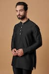 BUBBER COUTURE_Black Cotton Silk Plain Zaid Pintucked Mandarin Collar Kurta _Online_at_Aza_Fashions