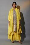 Buy_Jayati Goenka_Yellow Cotton Tassels, Lace Round Neck Gathered Overlay Printed Anarkali Set _at_Aza_Fashions