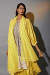 Shop_Jayati Goenka_Yellow Cotton Tassels, Lace Round Neck Gathered Overlay Printed Anarkali Set _Online_at_Aza_Fashions