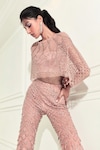 Buy_Rohit Gandhi + Rahul Khanna_Pink Tulle Embroidery Sequin Boat Neck Cupola Crystal Cape And Fornix Trouser Set _Online_at_Aza_Fashions