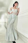 Shop_Rohit Gandhi + Rahul Khanna_Blue Tulle Embroidery Bead V Neck Azure Pre-stitched Skirt Saree With Blouse _at_Aza_Fashions