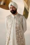Jatin Malik_Ivory Linen, Silk Embroidery Hand Shrug Trouser Set _Online_at_Aza_Fashions